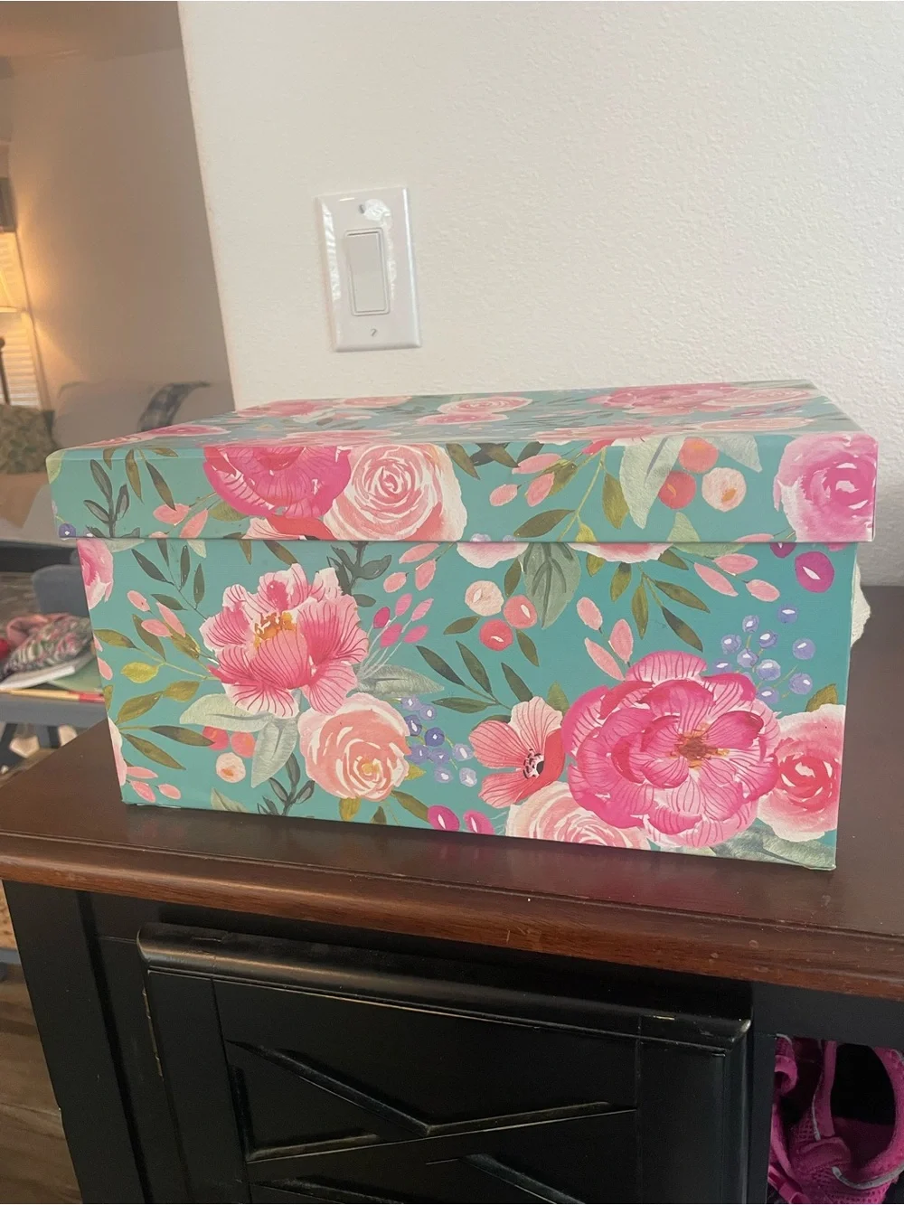Clementine Paper Company Storage Box in Teal and Pink, 9” X 13” X 7” high appx